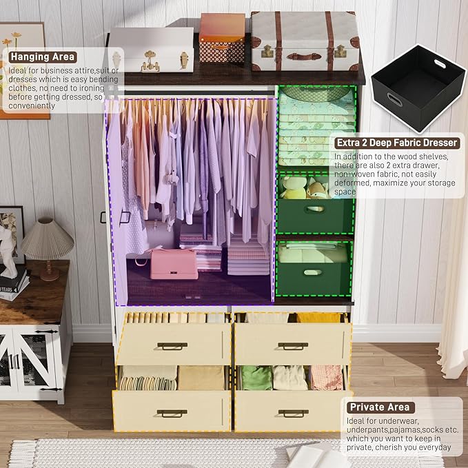 Farmhouse 3 Doors Armoire Wardrobe Closet w/Folding Sliding Barn Door and Lights, LED Armoire Closet w/Drawers for Bedroom, Freestanding Wooden Wardrobe Storage Closets w/Hanging Rod,Antique White-DeskLoop Office