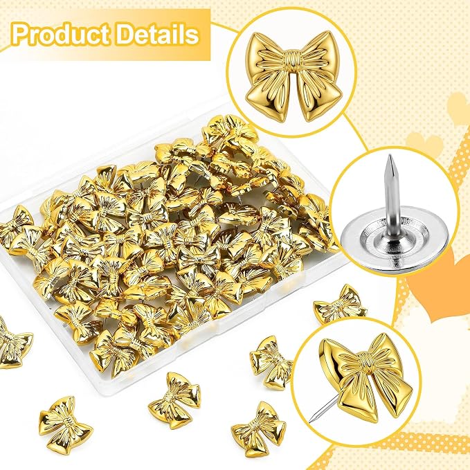 JANYUN 60Pcs Cute Gold Bow Push Pins Decorative Thumb Tacks - Image 2