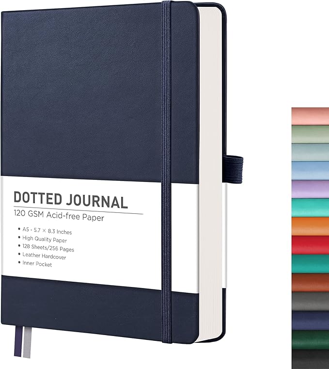 RETTACY Bullet Dotted Journal Notebook, 256 Pages, A5 Medium Size (5.7'' × 8.3''), Leather Hardcover, 120 GSM Thick Paper, for Bullet Journaling, Planning, Tracking (Navy Blue)-DeskLoop Office