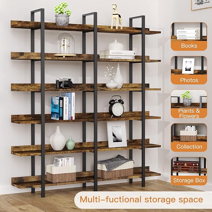 FRAPOW 83Inch Industrial Bookshelf and Bookcase, Double Wide 6 Tier Large Vintage Book Shelf with Metal Frame Open Bookshelves for Living Room Home Office-DeskLoop Office
