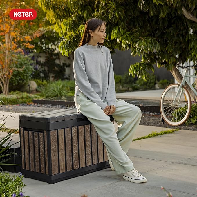 Keter Signature Everwood 50 Gallon Resin Outdoor Storage Box and Patio Furniture Side Table for Pool and Garden Accessories, Walnut-DeskLoop Office