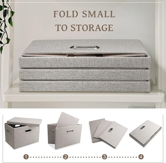 Large 17 36 Quart Collapsible Stackable Storage Bins with Lids, 1 Pack Beige Foldable Fabric Closet Storage Boxes with Lids, 4 Handles Toy Heavyduty Dark Gray Linen Storage Cube Box-DeskLoop Office
