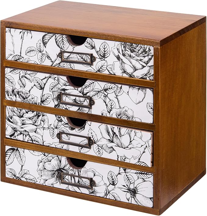 Vintage Desk Organizer with 4 Black & White Floral Drawers by PrimoSupply