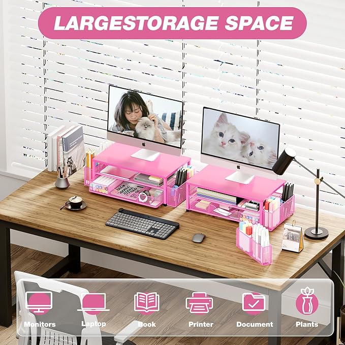 Desk Organizer and Accessories, 2-Tier Computer Monitor Stand with Drawer and 2 Pen Holders, Laptop Stand, Office Desk Accessories for Office Supplies, Carmine Rose