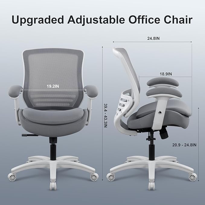 400lbs Double Seat Cushion Office Chair Soft Armrests Executive Ergonomic Computer Desk Chair with Lumbar Support (Grey Frame Grey Fabric)-DeskLoop Office