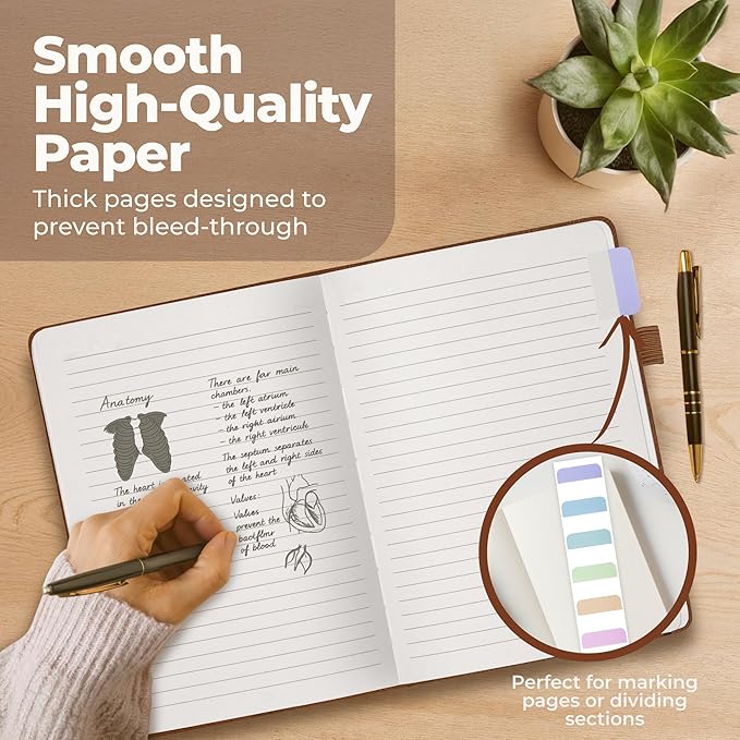 Thick Lined Journal Notebook 8.5x11" with Big A4 Hardcover Leather - Brown - 300 Pages College Ruled Large with Sticky Tabs, Pockets, and Pen Loop for Writing and Journaling - Hardback Men and Women-DeskLoop Office