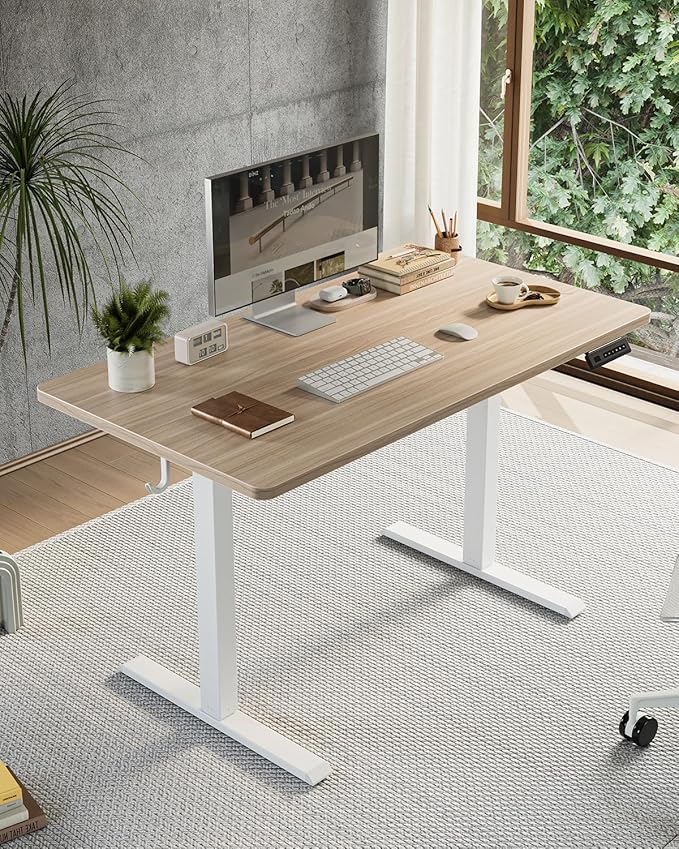 FEZIBO One-Piece Standing Desk Adjustable Height Stand up Home Office Desk, 32x24 Inch Electric Standing Computer Desk, with 4 Memory Presets, Fixable casters, Light Rustic-DeskLoop Office
