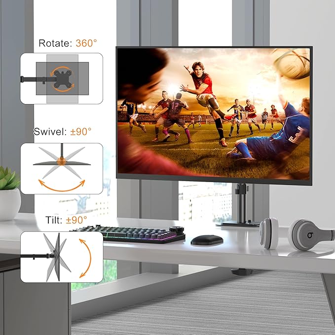 Pholiten Single Monitor Stand, Heavy Duty Adjustable Monitor Arm Desk Mount for 13-27Inch, Tilt, Swivel, Rotate, Support 22 lbs,Black-DeskLoop Office