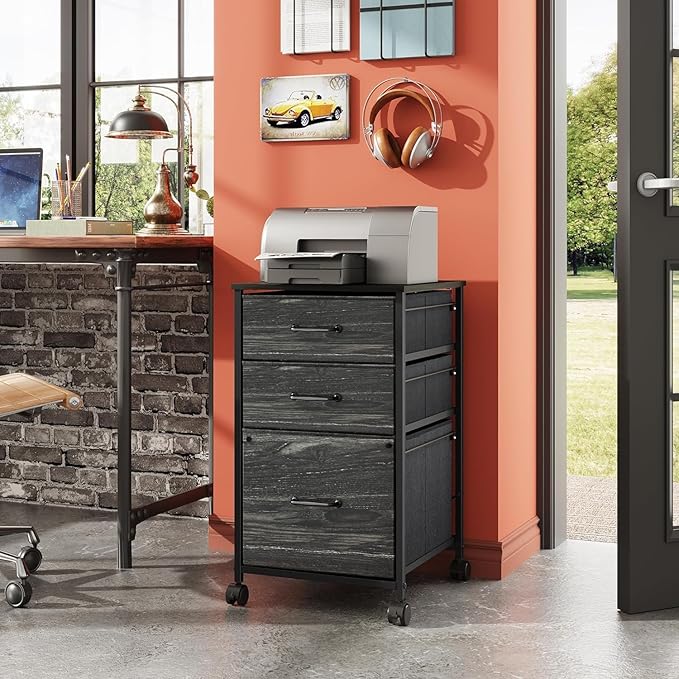 DEVAISE Mobile File Cabinet, Rolling Printer Stand with 3 Drawers, Fabric Vertical Filing Cabinet fits A4 or Letter Size for Home Office, Charcoal Black Wood Grain Print-DeskLoop Office