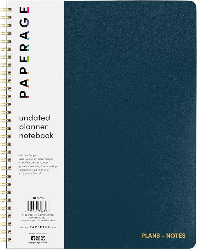 PAPERAGE Undated Daily Planner & To Do List Notepad, 8.5 in x 11 in, Spiral by PAPERAGE