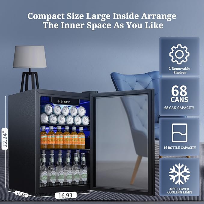 Antarctic Star Beverage Refrigerator Cooler 68 Can, Mini Fridge with Glass Door for Beer Drinks Wine,Freestanding Small Fridge with Electronic Temperature Control for Home and Bar,1.7 cu.ft-DeskLoop Office