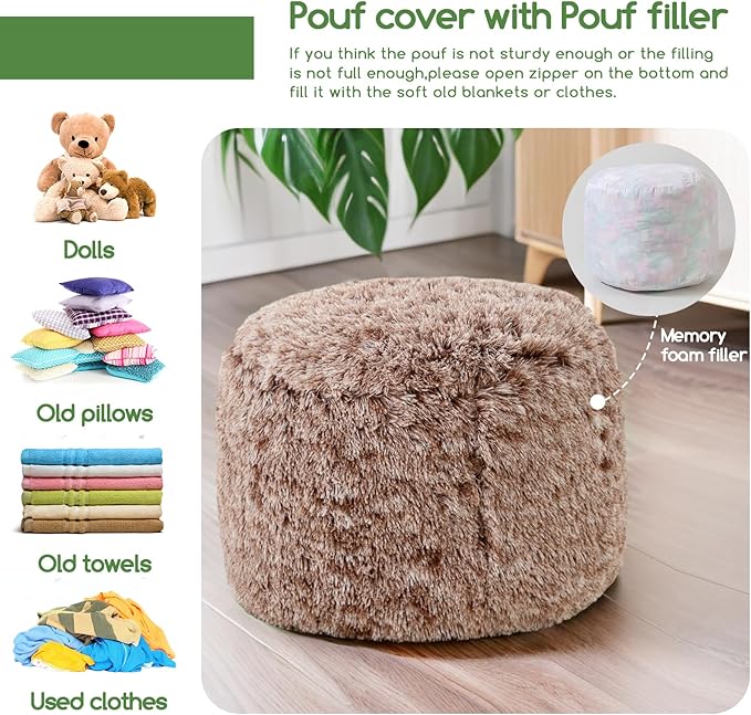 HIGOGOGO Round Stuffed Pouf Ottoman, Long Faux Fur Poufs with Foam Chunk Filling, Fluffy and Furry Pouf Foot Stool Storage Ottoman, 20 X 15 Floor Poufs Foot Rest for Living Room, Snow Coffee-DeskLoop Office