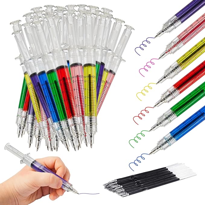 Syringe Pens Multi-Color Matched Colored Inks Retractable Fun Nursing Student School Supplies Novelty Pen for Nurses - Goody Fillers and Prizes, Party Favors (24 Pack)