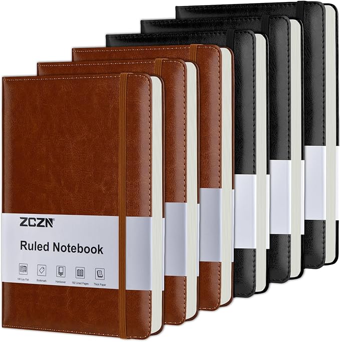 ZCZN 6 Pack Lined Journal Notebooks, 192 Pages A5 Hardcover Leather Journals for Work,Writing,School & Travel, College Ruled Journaling Notebooks for Notes Taking,Diary Notepad (Black*3+Brown*3)-DeskLoop Office