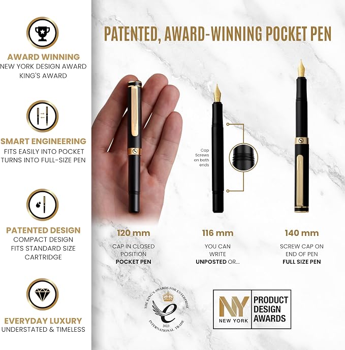 Scriveiner Luxury EDC Fountain Pen, Stunning Luxury Black Pocket Pen, Real Gold - Image 4