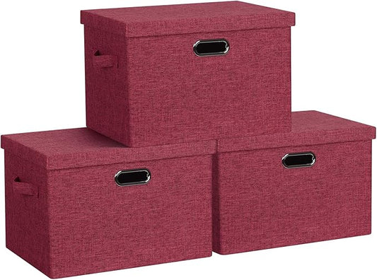 Large 17" 36 Quart Collapsible Stackable Storage Bins with Lids, 3 Packs Bright Red Linen Fabric Closet Boxes with Lids, Storage Cube Baskets Container Organizers for Office (17x12x11)-DeskLoop Office