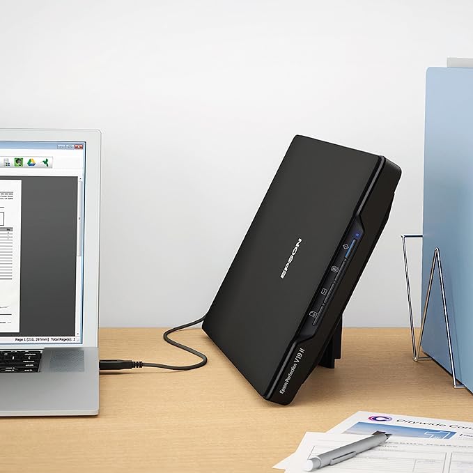 Epson Perfection V19 II Color Photo and Document Flatbed Scanner with 4800 dpi Optical Resolution, USB Power and High-Rise, Removable Lid-DeskLoop Office