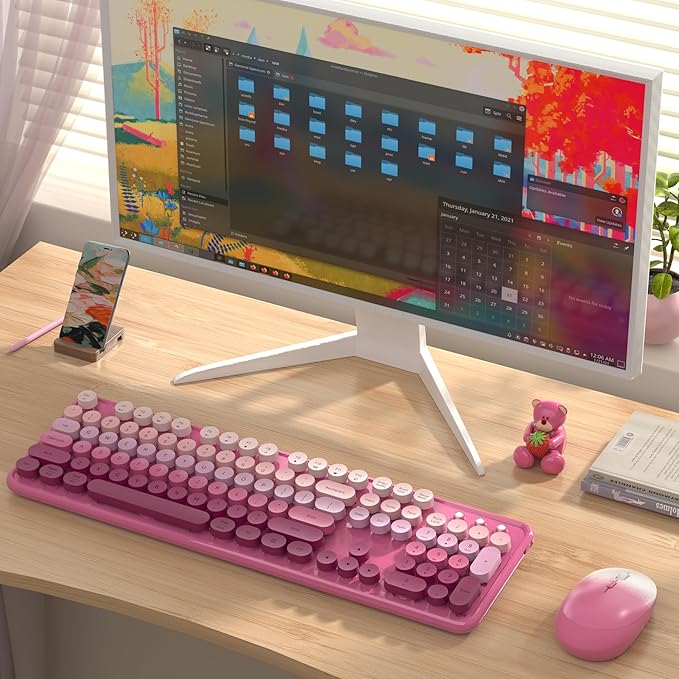 Colorful Wireless Keyboard and Mouse Combo, COVEVA 2.4GHz Wireless Retro Cute Round Keycaps Keyboard, 104 Keys Full-Sized Keyboard Mouse Set with Switch Button for PC Laptop Desktop (Pink Gradient)-DeskLoop Office