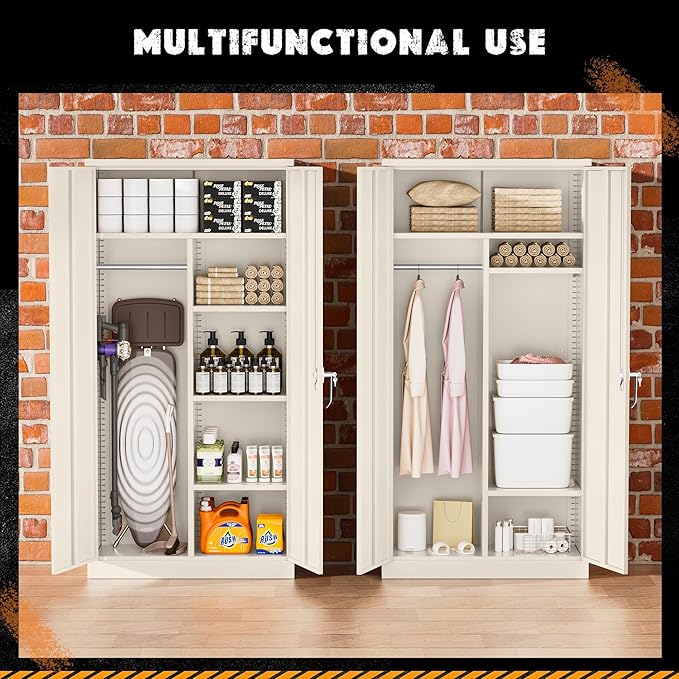 Greenvelly Metal Storage Cabinet with 2 Doors, Grey 72” Steel Storage Wardrobe Cabinet, Employees Locker Closet Clothing Coat Steel Wardrobe Cabinet with Hanging Rod for Garage, Gym, Home Office-DeskLoop Office