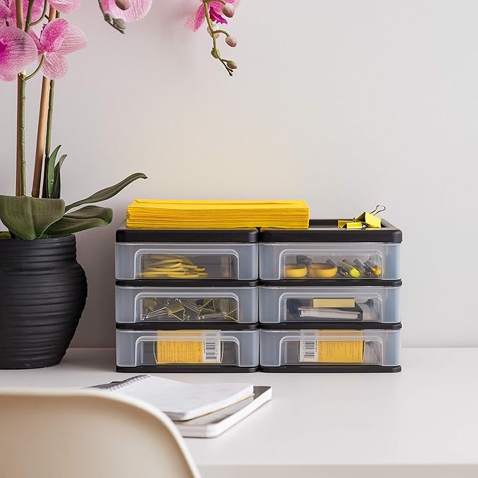 IRIS USA Plastic Stacking Desk Top 3-Drawer Storage Organizer, 4-Pack, for Makeup Vanity Nail Polish Bathroom Stationery Art Craft Supplies Kitchen Office Garage and Small Organization, Small, Black-DeskLoop Office