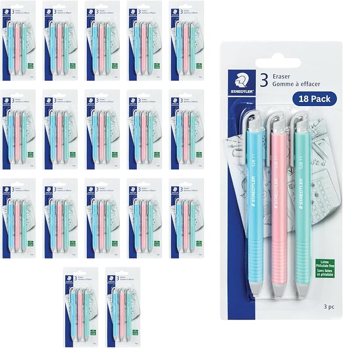 STAEDTLER Vinyl Eraser Holder 18-Pack: 3 Units Retractable Erasers by Staedtler
