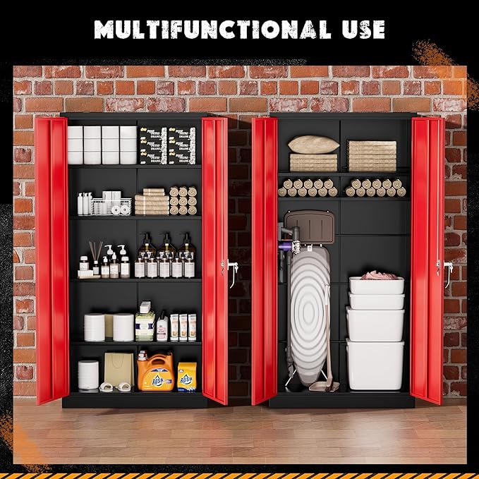 Greenvelly Metal Garage Storage Cabinet with Lock, 72" Metal Storage Cabinet with 2Doors and 4Adjustable Shelves, for Home Office, School,Gym (Black&Red)-DeskLoop Office