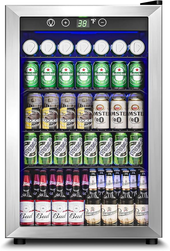 4.5 Cu.Ft Beverage Refrigerator Cooler - 145 Can Mini Fridge Glass Door for Soda Beer Wine, Small Refrigerator for Bedroom Office Home Bar, 4 Adjustable Shelves, Silver-DeskLoop Office