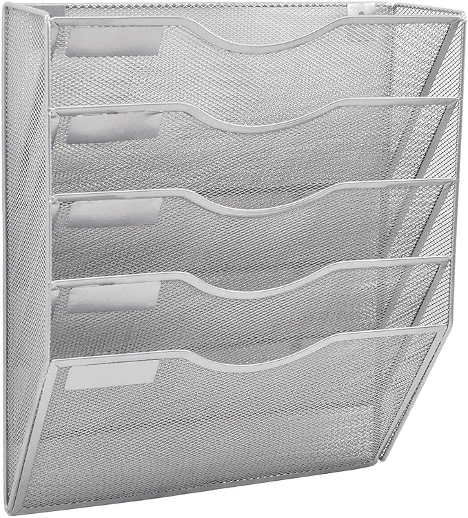EASEPRES 5 Pocket Mesh Hanging Wall File Organizer, Wall Mounted Mail Paper Document Folder Holder, Clipboard Storage Organization Magazine Rack with Nametag Label for Office Home School, Silver-DeskLoop Office