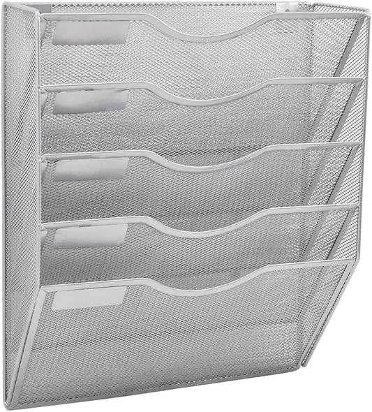 EASEPRES 5 Pocket Mesh Hanging Wall File Organizer, Wall Mounted Mail Paper Document Folder Holder, Clipboard Storage Organization Magazine Rack with Nametag Label for Office Home School, Silver-DeskLoop Office
