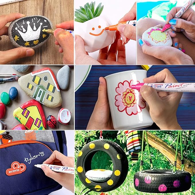 TFIVE Paint Markers Pens Set, 8 Color Oil-Based Permanent Paint Marker, Medium Tip, Quick Dry and Waterproof Pen for Rock Painting, Ceramic, Wood, Fabric, Plastic, Canvas, Glass, Mugs