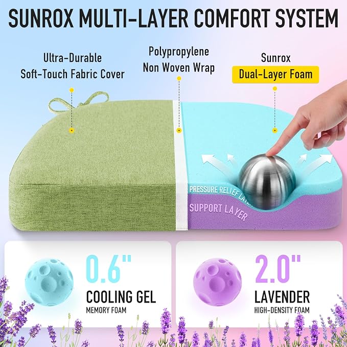 SUNROX Cooling Gel Memory Foam Chair Cushions, 2.6" Thick U-Shaped Dual-Layer - Image 2