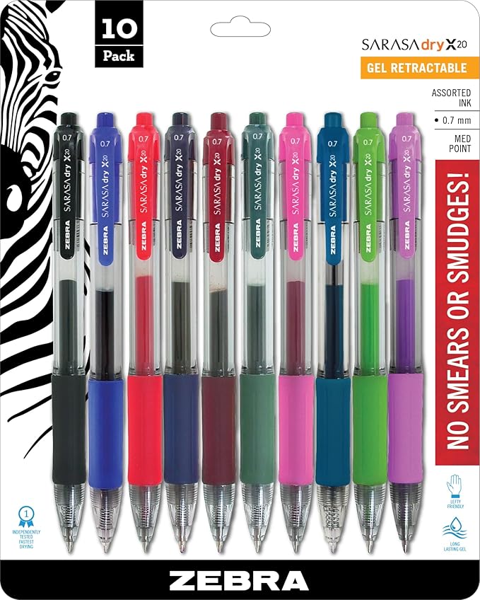Zebra Pen Sarasa Dry X20 Retractable Gel Pens, 0.7mm Medium Point, Eliminates by ZebraPen