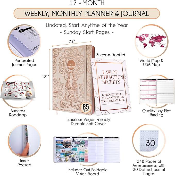 Law of Attraction Planner – Undated Hourly, Weekly & Monthly Goal Setting Planner, 12-Month to Increase Productivity | Life & Gratitude Journal, Include Foldable Vision Board, Gift Box & Stickers-DeskLoop Office