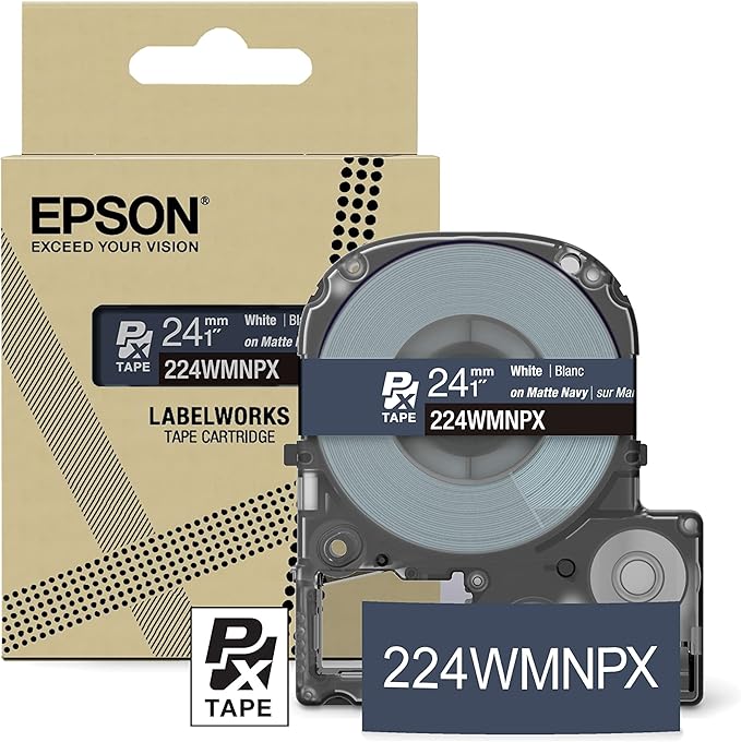 Epson LABELWORKS 224WMNPX Genuine PET (Polyester) Tape Cartridge - White on Matte Navy Designer Craft Label Maker Tape - 1" (24MM) Wide, 26'-DeskLoop Office