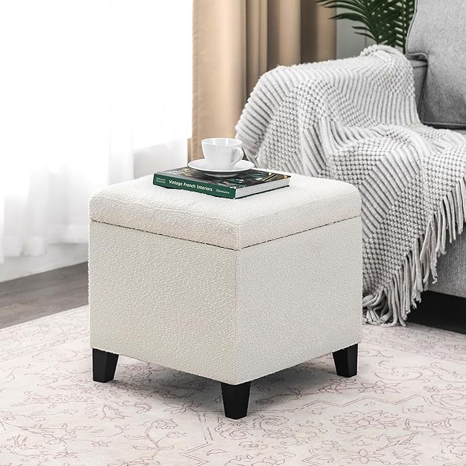 Adeco 18 Inch High Cube Ottoman Storage, Linen Chair Foot Stools, Upholstered Vanity Stool with Hinged Lid, Solid Wood Legs (White Circle Yarn)-DeskLoop Office
