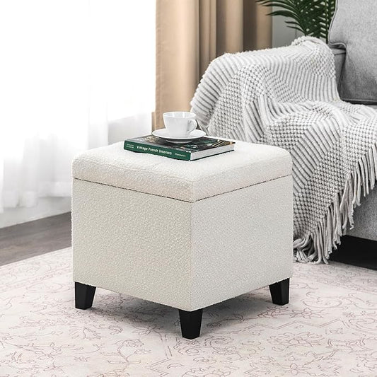 Adeco 18 Inch High Cube Ottoman Storage, Linen Chair Foot Stools, Upholstered Vanity Stool with Hinged Lid, Solid Wood Legs (White Circle Yarn)-DeskLoop Office