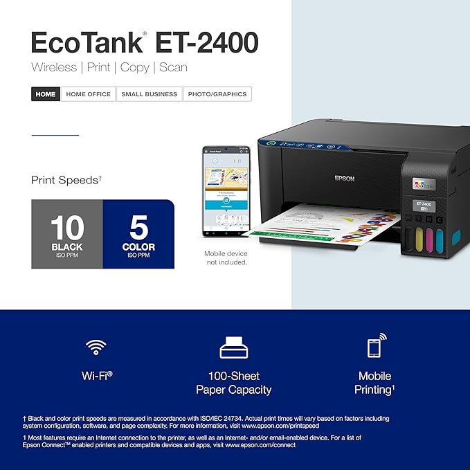 Epson EcoTank ET-2400 Wireless Color All-in-One Cartridge-Free Supertank Printer with Scan and Copy – Easy, Everyday Home Printing, Black-DeskLoop Office