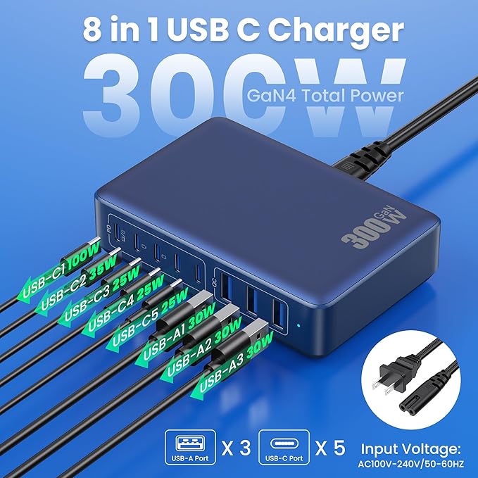 USB C Charger 300W USB C Charger Block 8-Ports GaN IV Fast Charging Station,PD 100W Laptop Charging Hub Wall Charge Adapter Compatible with MacBook/Air,DELL,Steam Desk,iPhone 16/15/14,Galaxy-DeskLoop Office