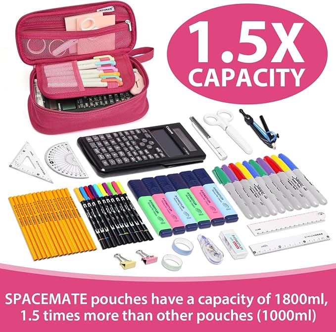 Pencil Case Pouch Box Bag School Supplies Girls Boys Kids, Cute Preppy Stuff Large Big Capacity Aesthetic Pen Organizer, Back to College Stationary, Dark Pink, Heavy Duty Canvas, 1800ml-DeskLoop Office