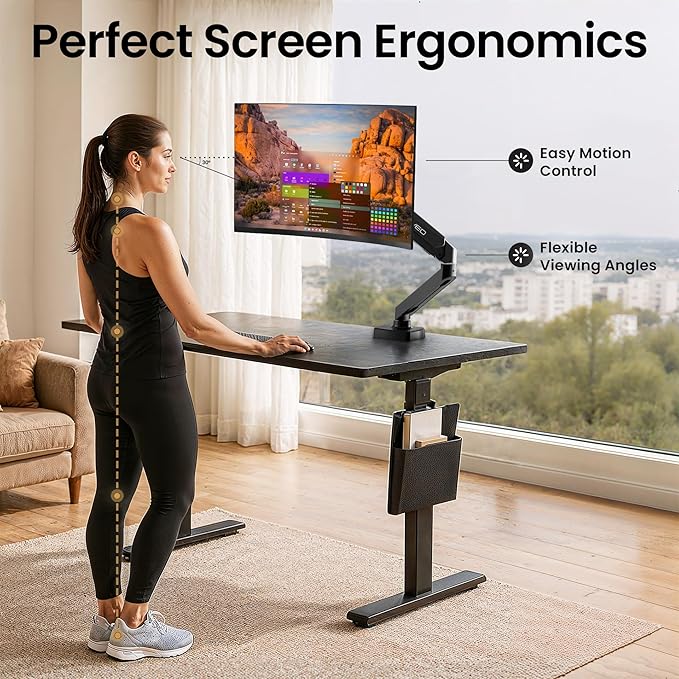 EVEO Premium Single Monitor Arm 14"–34", Adjustable Gas Spring Monitor Mount, Single Arm Desk Mount for 34 Inch Computer Screens, VESA Compatible Stand with Clamp and Grommet Base – Black-DeskLoop Office