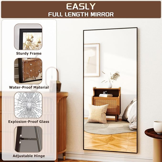 Full Length Mirror with Stand, 68"x24" Floor Mirror with Aluminum Alloy Frame, Full Body Mirrors,Free Standing or Wall-Mounted Mirrors for Living Room, Black-DeskLoop Office