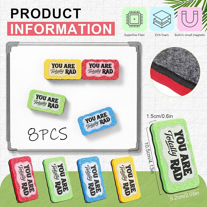 Lincia 8 Pcs Magnetic Dry Erase Erasers Composition Whiteboard Dry Erasers - Image 2
