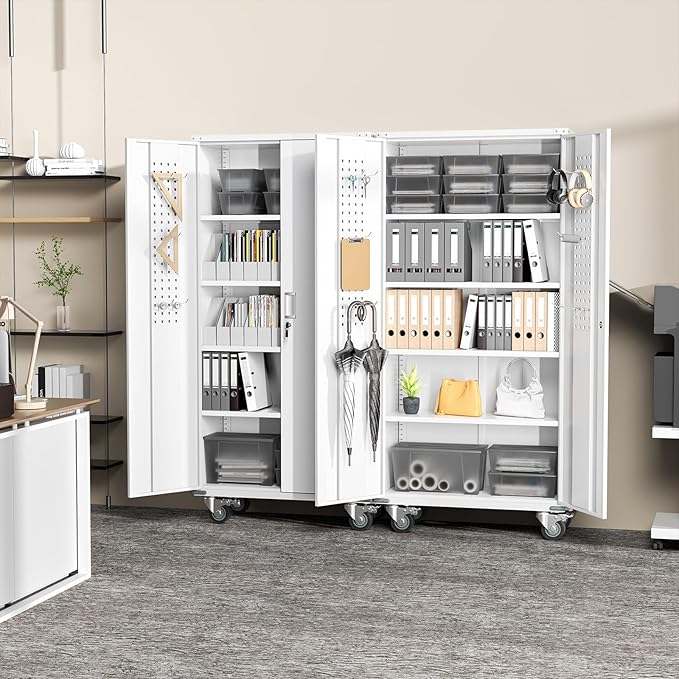 Greenvelly 72" Metal Storage Cabinet with Wheel and Pegboard, Lockable White Metal Garage Cabinets with 2 Doors and 4 Adjustable Shelves, Rolling Steel Tool Cabinet for Garage, Home Office, School-DeskLoop Office