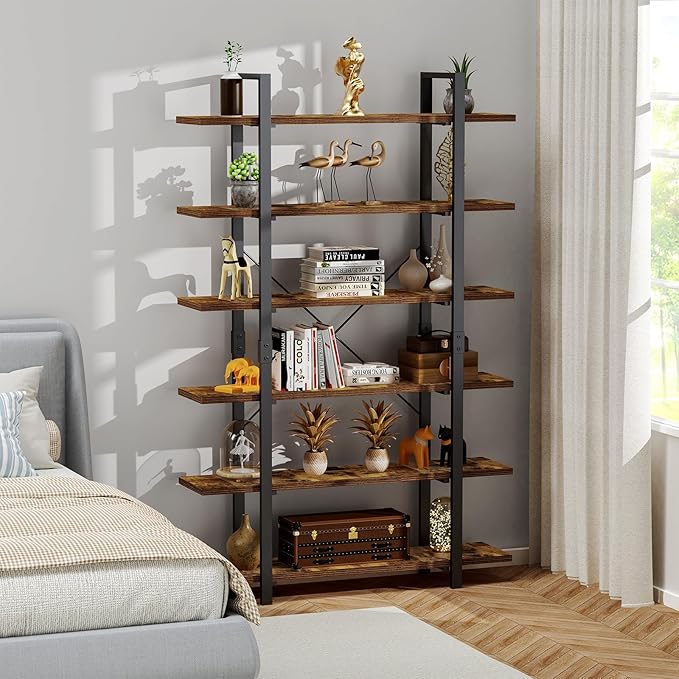 FRAPOW Bookshelf, 6 Tier Book Shelf 83Inch Tall Bookcase, Industrial Large Bookshelves Rustic Book Case with Open Metal Frame for Office, Bedroom, Farmhouse, Living Room-DeskLoop Office