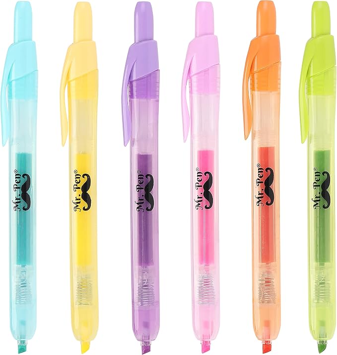 Mr. Pen- Retractable Highlighters, 6 Pack, Pastel Colors | Chisel Tip by MrPen