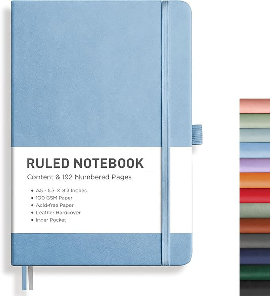 RETTACY Lined Journal Notebook, 192 Numbered Pages, A5 Medium Size (5.7'' x 8.3''), for Men & Women, Journaling, Writing, Work & Office, Leather Hardcover, 100 GSM Thick Paper (Light Blue)-DeskLoop Office