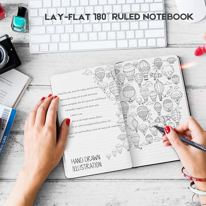 Huhuhero 10 Pack Lined Journal Notebook, 120Gsm College Ruled Thick Paper Journals for Writing, Hardcover Notebooks for Work School Business Note Taking Women Men, 5"×8.25" (10, Black)-DeskLoop Office