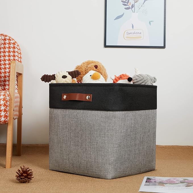 DULLEMELO Storage Bins for Organizing,Closet Storage Baskets for Gift Empty,Large Linen Canvas Storage Bins with Handles for Home Office Toys Shelves(Black&Grey, 13 inch Cube)-DeskLoop Office