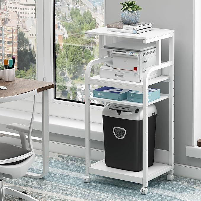 4 Tier White Printer Stand Table with Adjustable Shelves, Movable Printer Shredder Stand with Wheels for Home Office Storage and Organization, Rolling Cart for Computer Tower CPU-DeskLoop Office