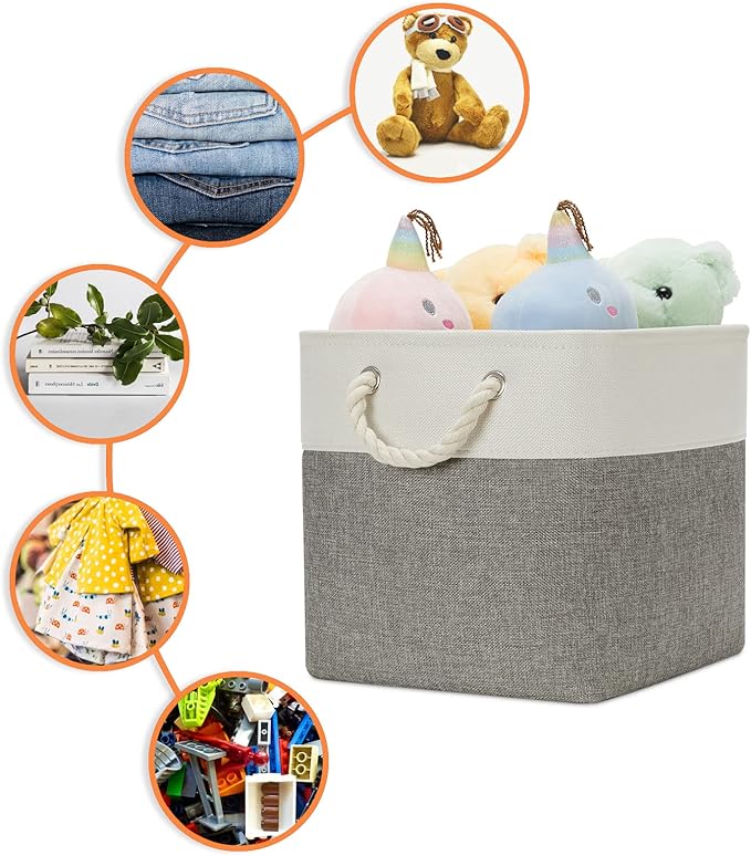 DULLEMELO Cube Storage Bins Set of 4 Fabric Storage Cubes Organizer Bin with Handles, Collapsible 12 Inch Cube Storage Baskets for Organizing, Closet, Shelf, Nursery (White&Grey)-DeskLoop Office